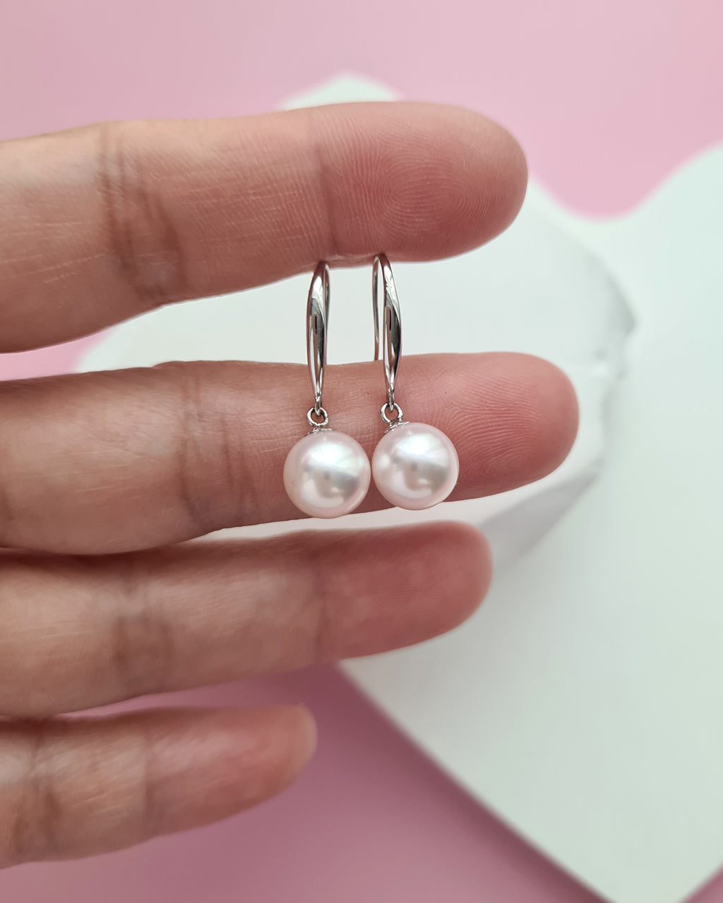 White Akoya Pearl 18K White Gold Drop Earrings - 7.5mm to 8mm White Pink Sheen Pearl Jewelry