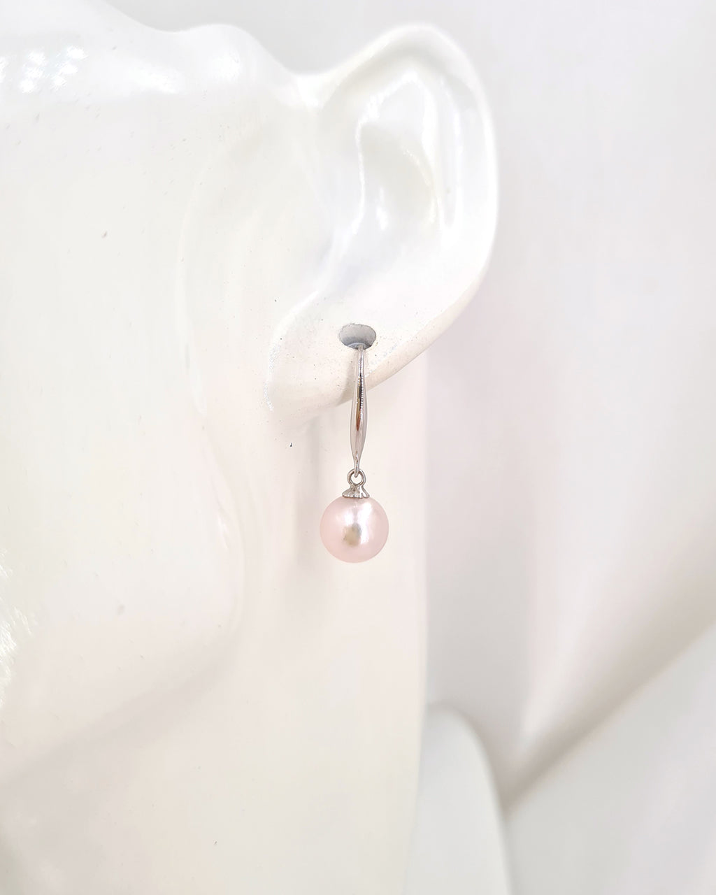 White Akoya Pearl 18K White Gold Drop Earrings - 7.5mm to 8mm White Pink Sheen Pearl Jewelry