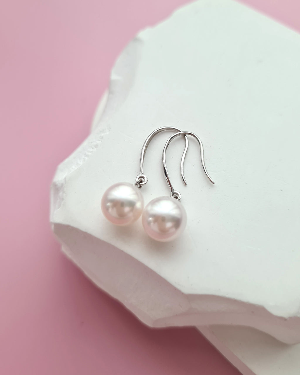 White Akoya Pearl 18K White Gold Drop Earrings - 7.5mm to 8mm White Pink Sheen Pearl Jewelry