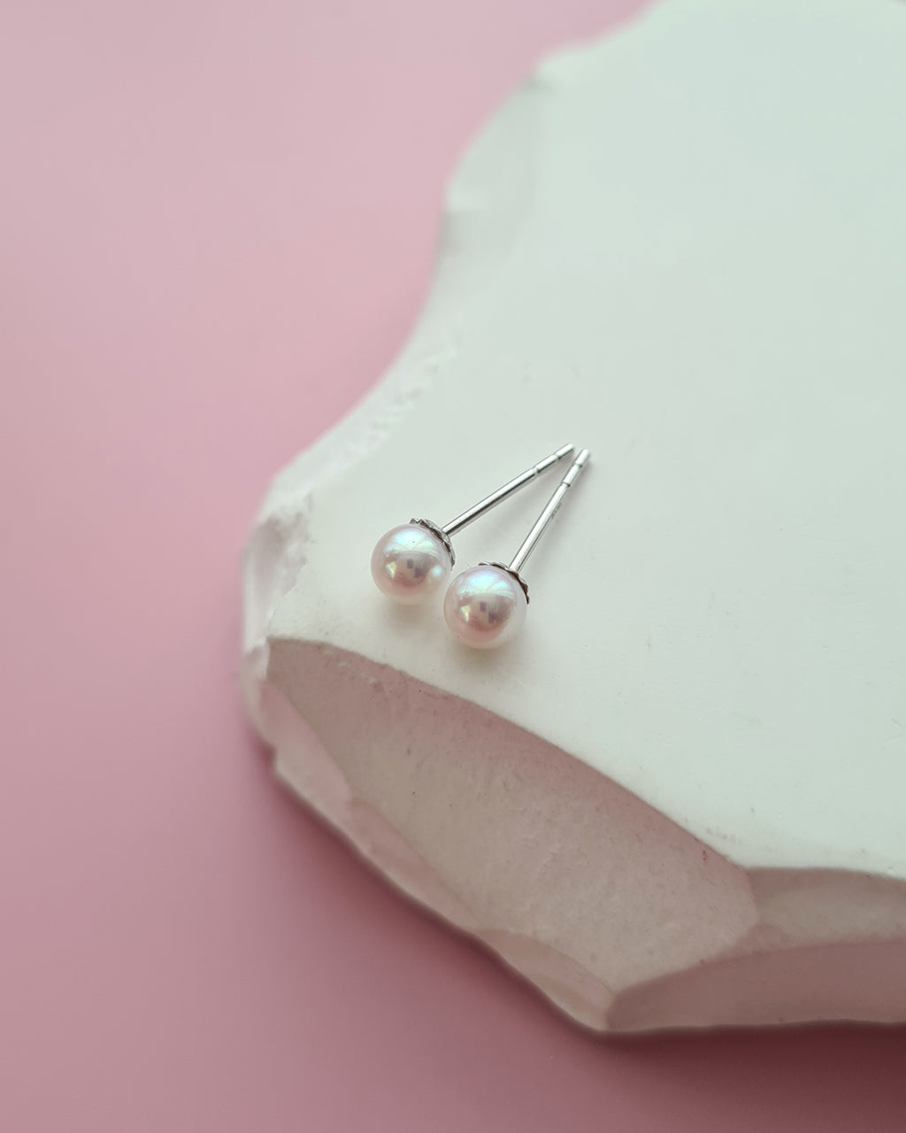 White Akoya Pearl 18K Gold Stud Earrings - 3mm to 4.5mm TEN-NYO, Pearl jewelry in Singapore