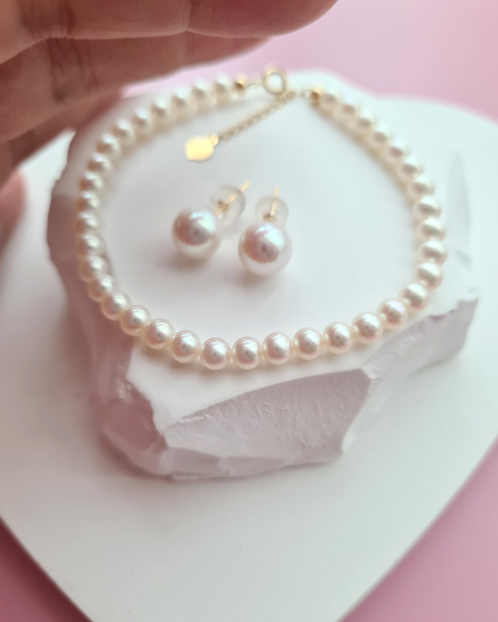 White Akoya Pearl 18K Gold Earrings and Bracelet Jewelry Set Wedding Jewelry for Brides