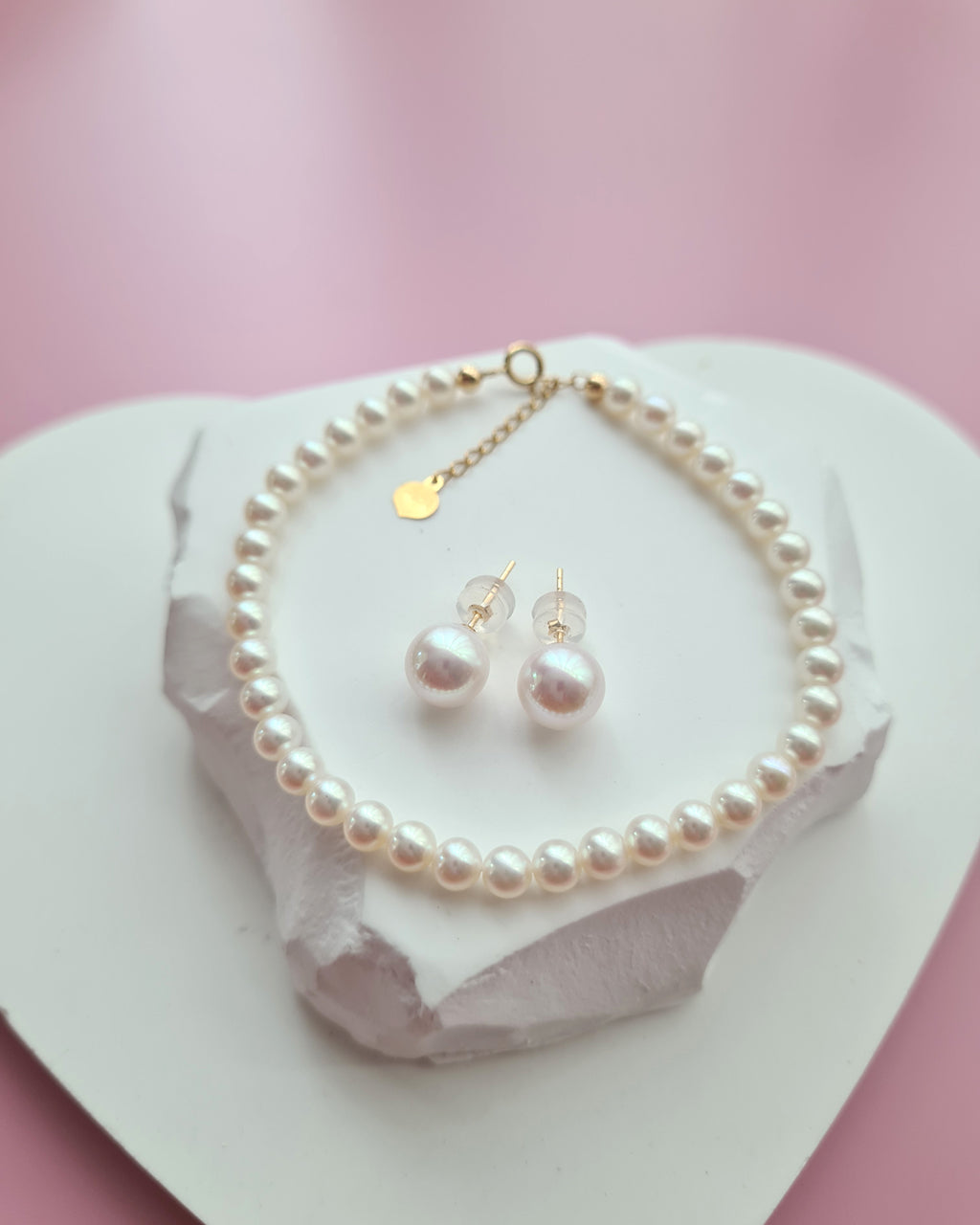 White Akoya Pearl 18K Gold Earrings and Bracelet Jewelry Set Wedding Jewelry for Brides