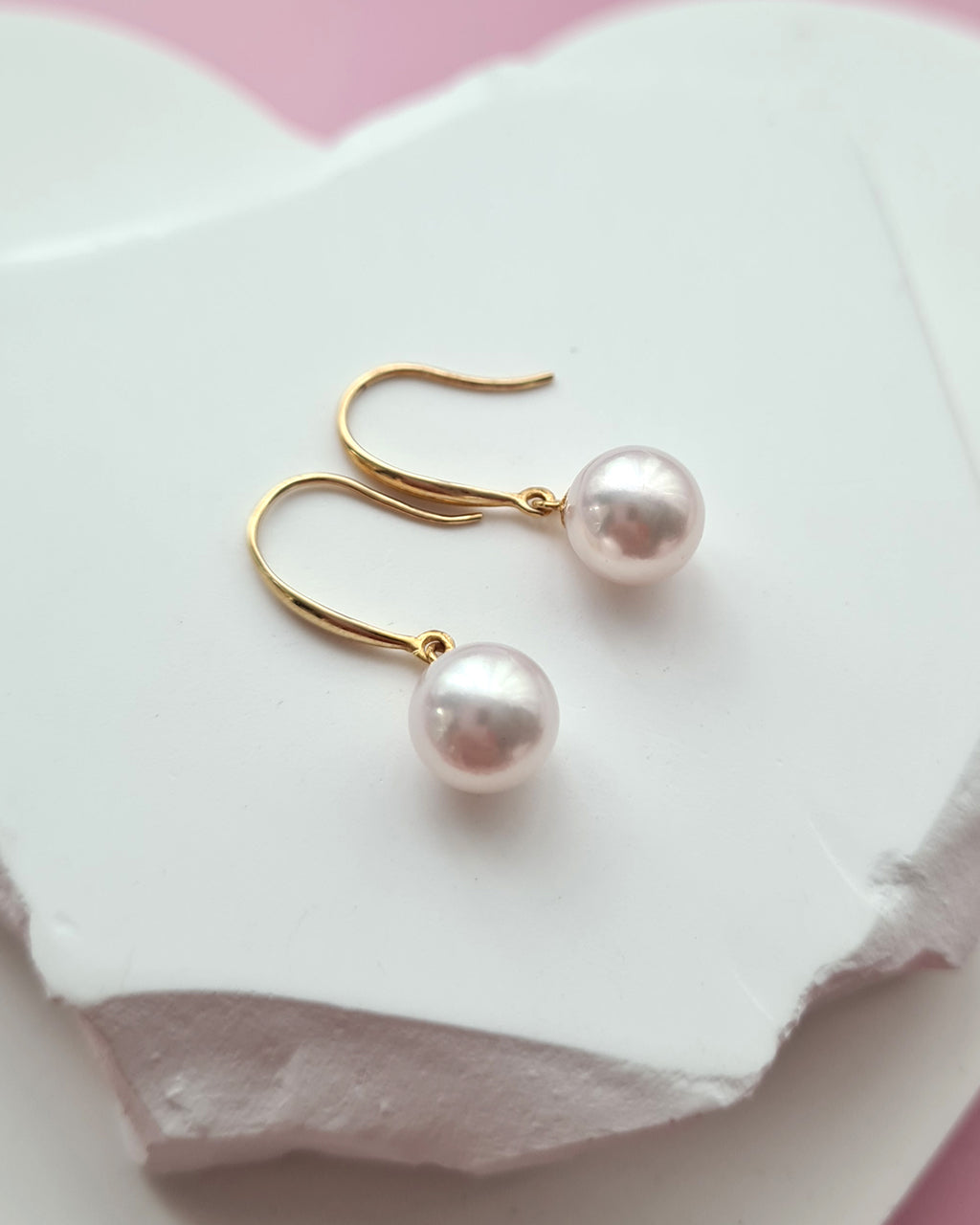 White Akoya Pearl 18K Gold Drop Earrings - 7.5mm to 8mm White Pink Sheen Pearl Jewelry