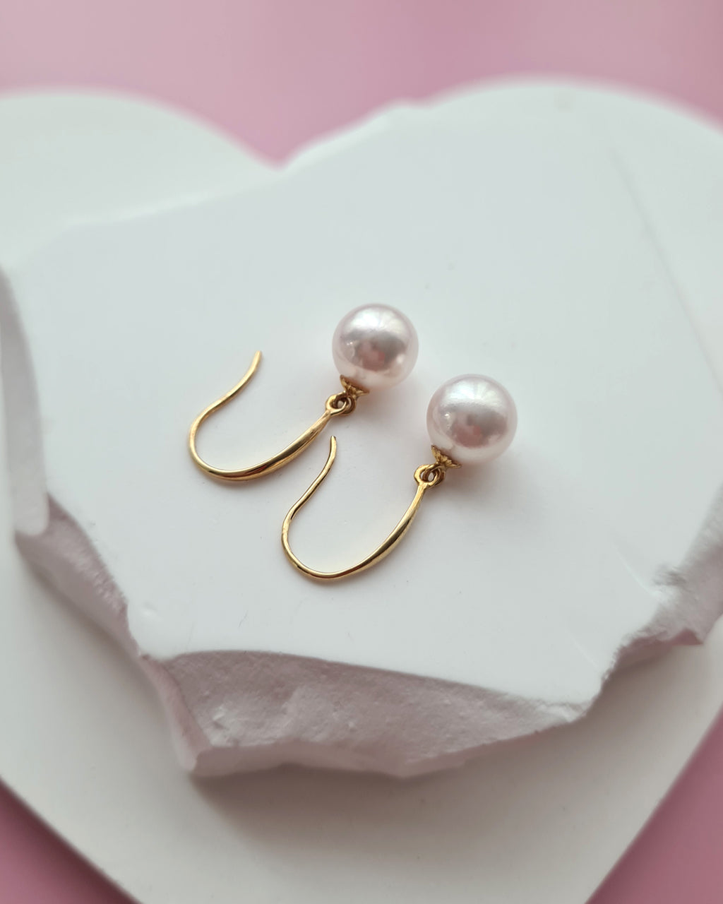 White Akoya Pearl 18K Gold Drop Earrings - 7.5mm to 8mm White Pink Sheen Pearl Jewelry