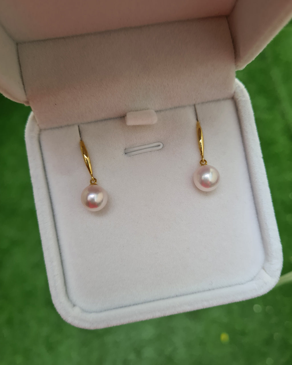 White Akoya Pearl 18K Gold Drop Earrings - 7.5mm to 8mm White Pink Sheen Pearl Jewelry