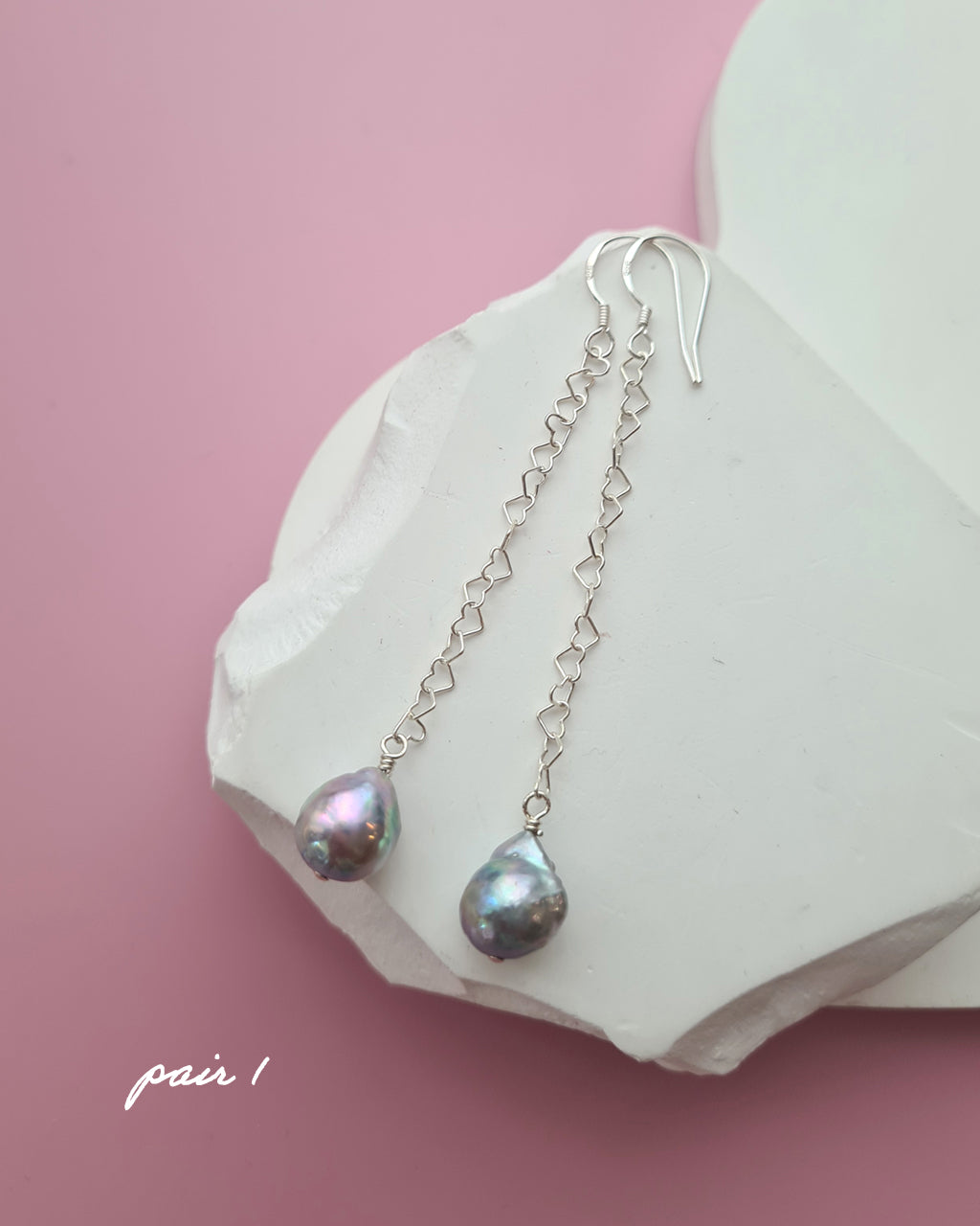 Silver Blue Akoya Pearl Long Heart Chain Earrings in Sterling Silver, Handmade in Singapore