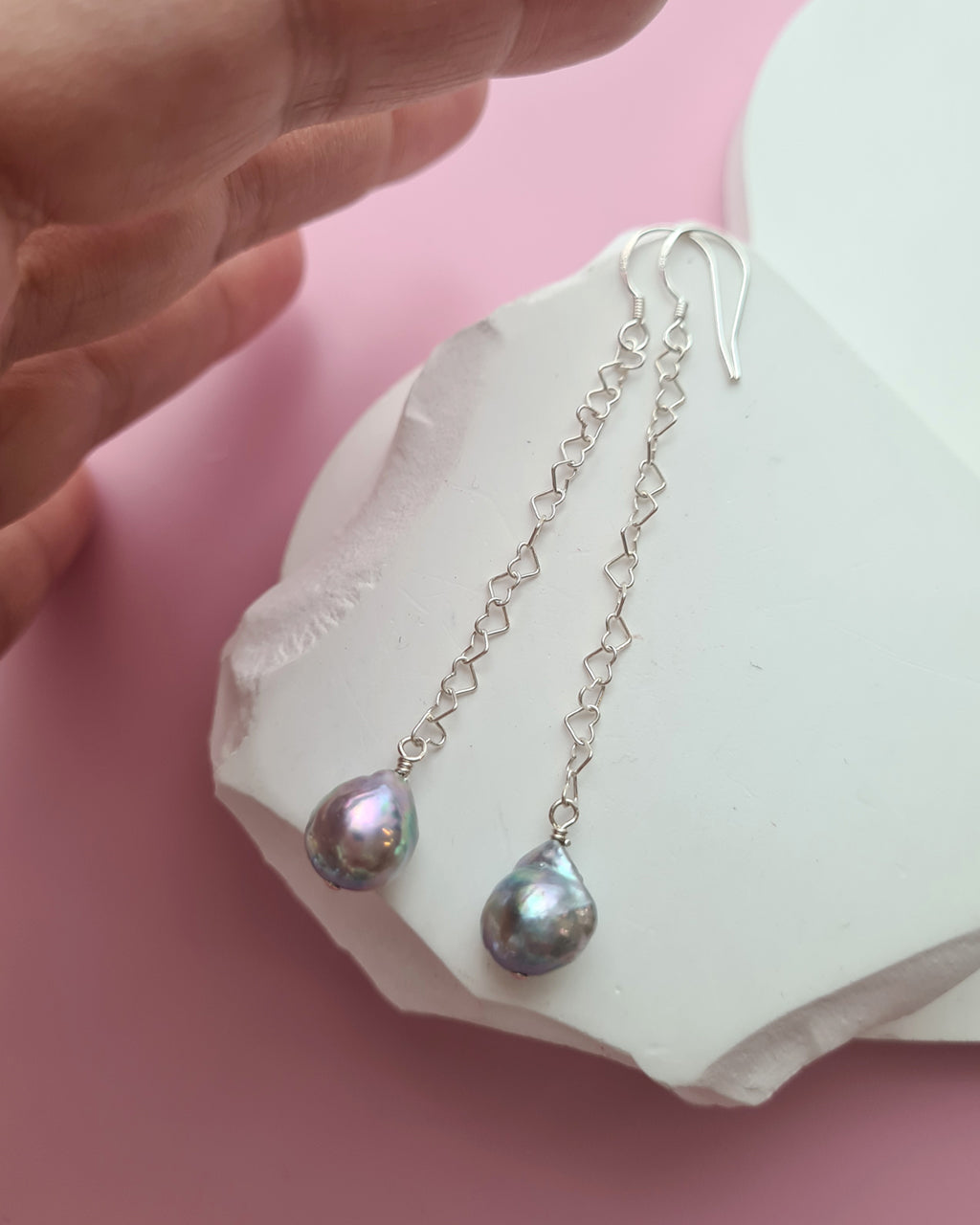 Silver Blue Akoya Pearl Long Heart Chain Earrings in Sterling Silver, Handmade in Singapore