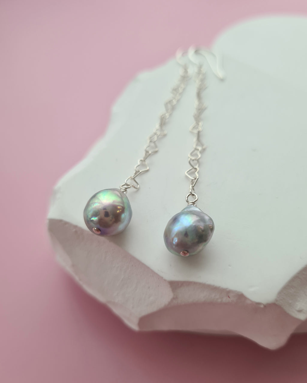 Silver Blue Akoya Pearl Long Heart Chain Earrings in Sterling Silver, Handmade in Singapore