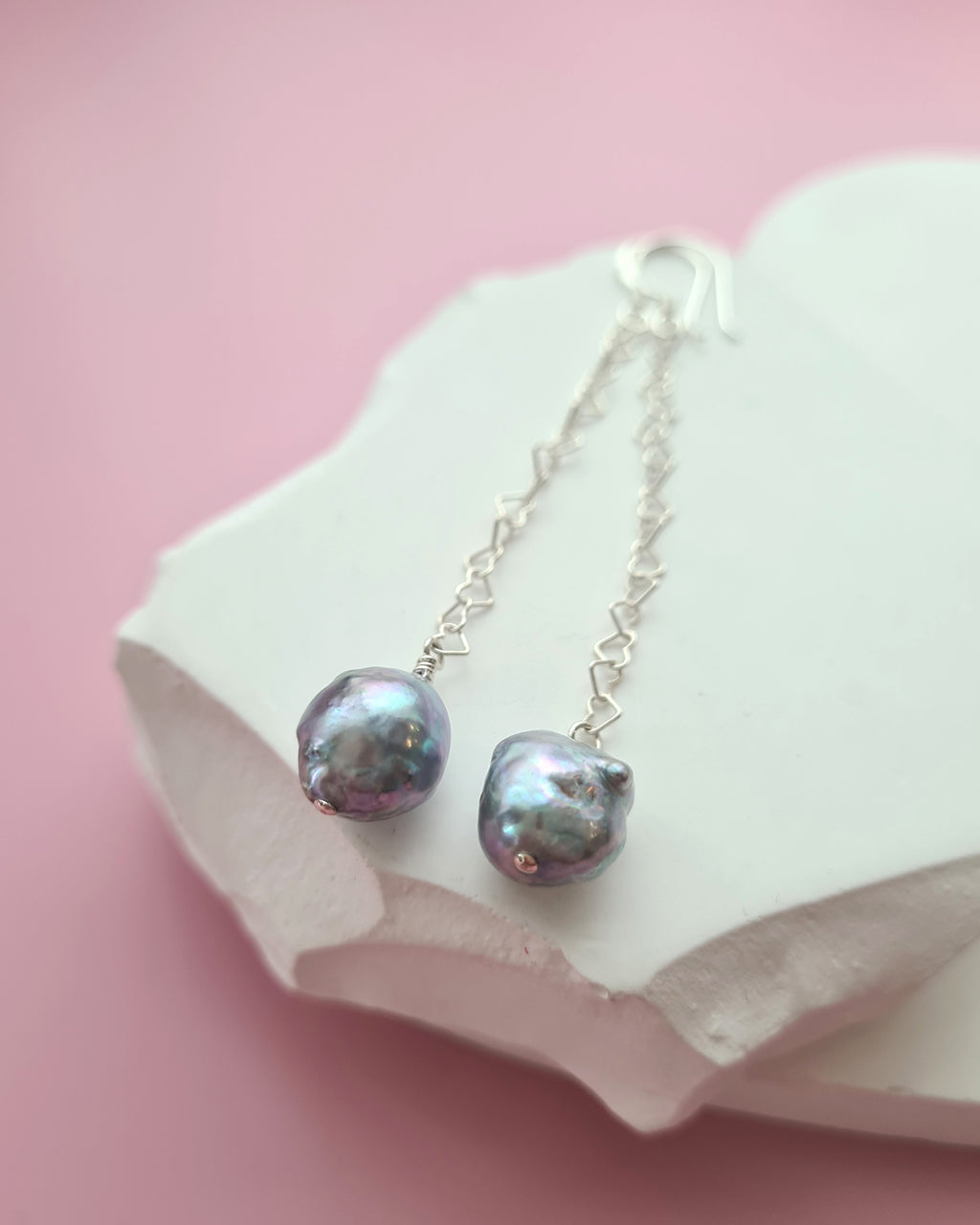 Silver Blue Akoya Pearl Long Heart Chain Earrings in Sterling Silver, Handmade in Singapore
