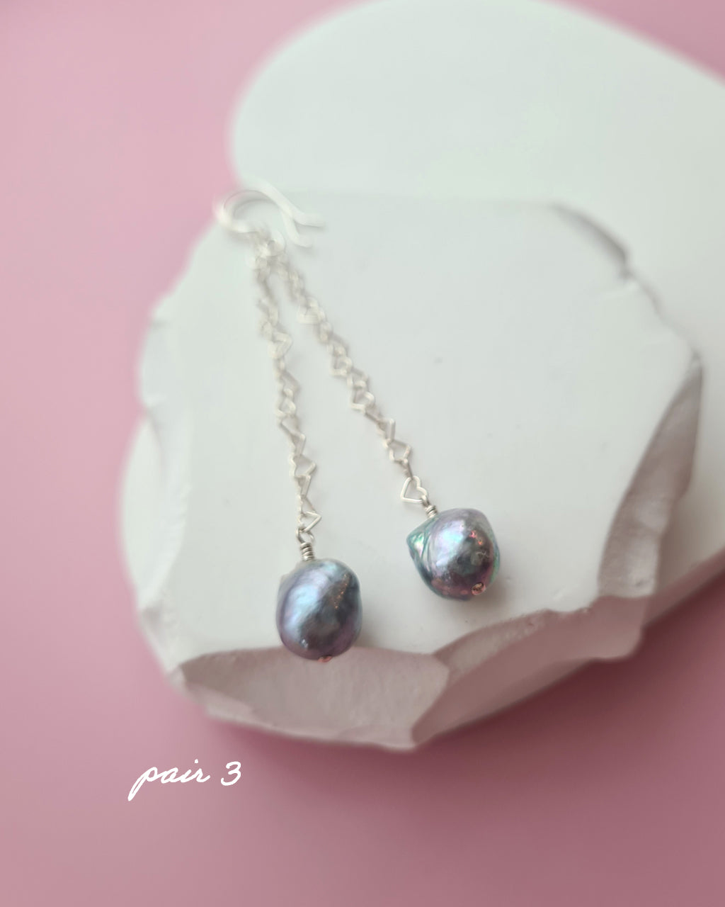 Silver Blue Akoya Pearl Long Heart Chain Earrings in Sterling Silver, Handmade in Singapore