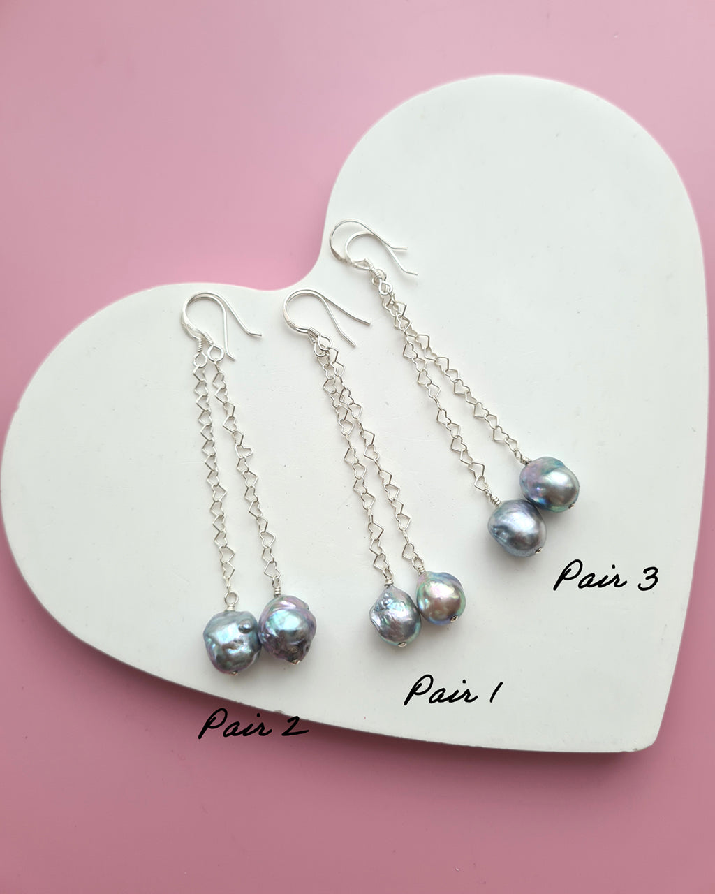 Silver Blue Akoya Pearl Long Heart Chain Earrings in Sterling Silver, Handmade in Singapore