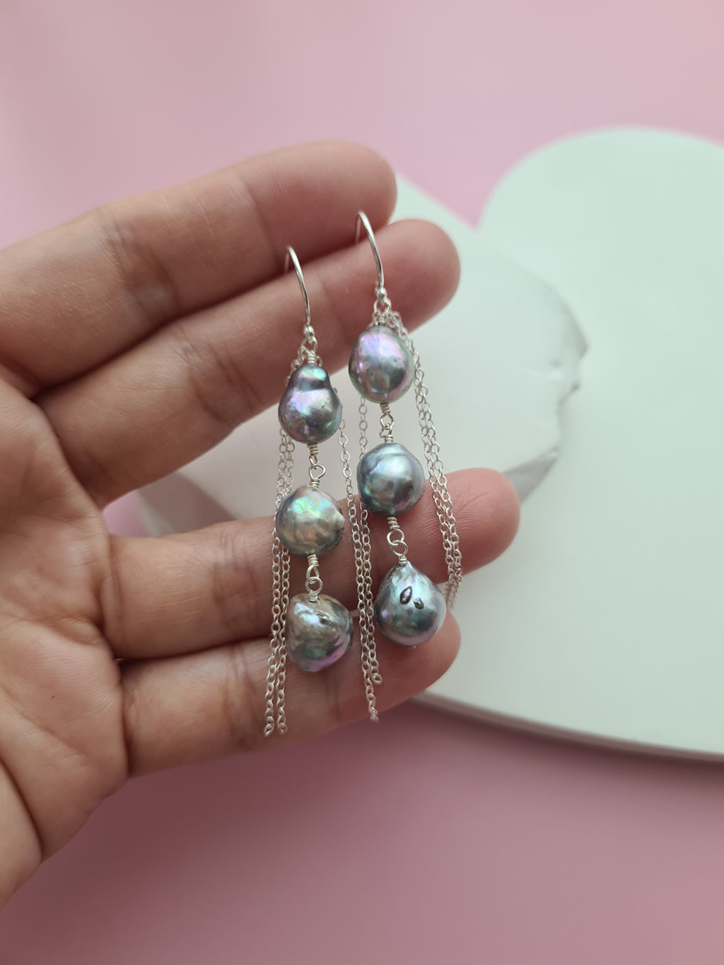 Triple Silver Blue Akoya Pearl Earrings, Handmade pearl jewelry in Singapore