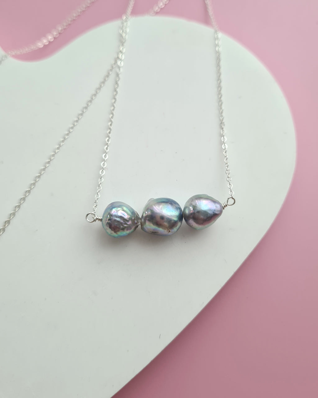 Triple Silver Blue Baroque Akoya Pearl Necklace, Handmade Pearl Jewelry in Singapore