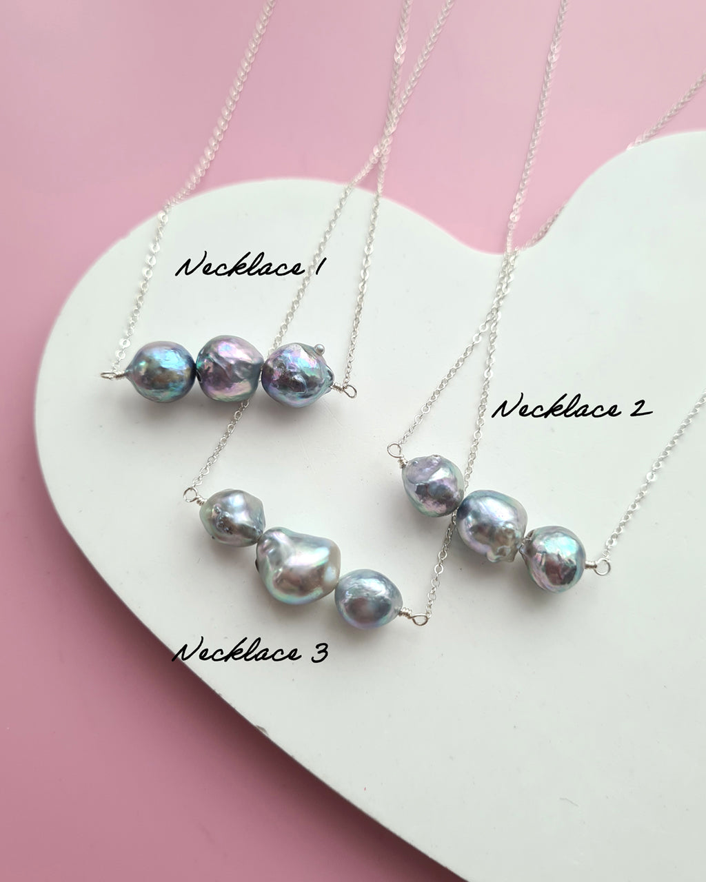 Triple Silver Blue Baroque Akoya Pearl Necklace, Handmade Pearl Jewelry in Singapore