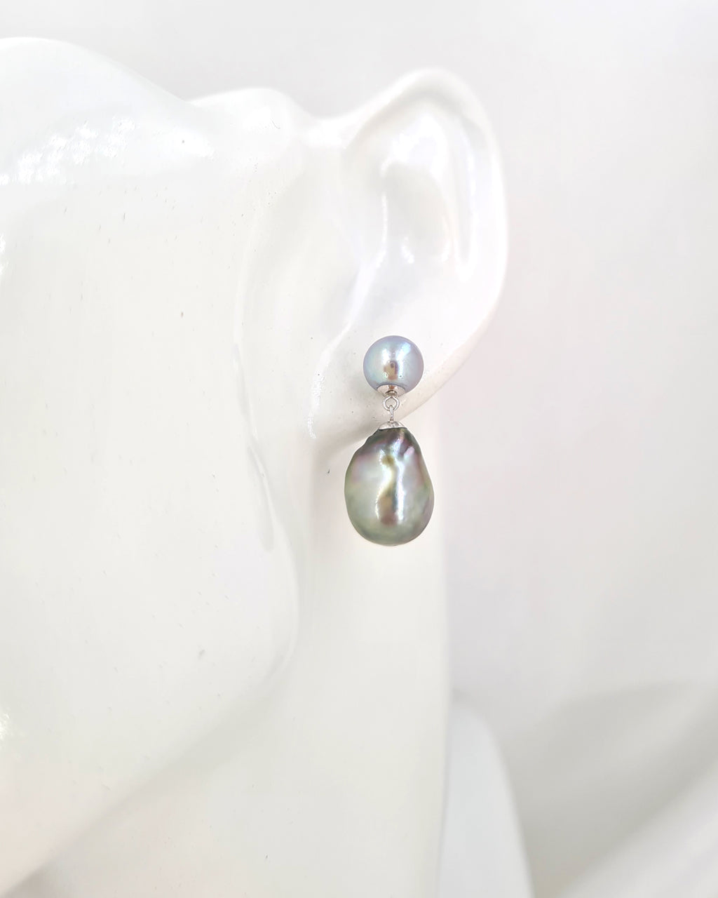 Akoya Pearl and Tahitian Pearl 18K White Gold Earrings - Double Pearl