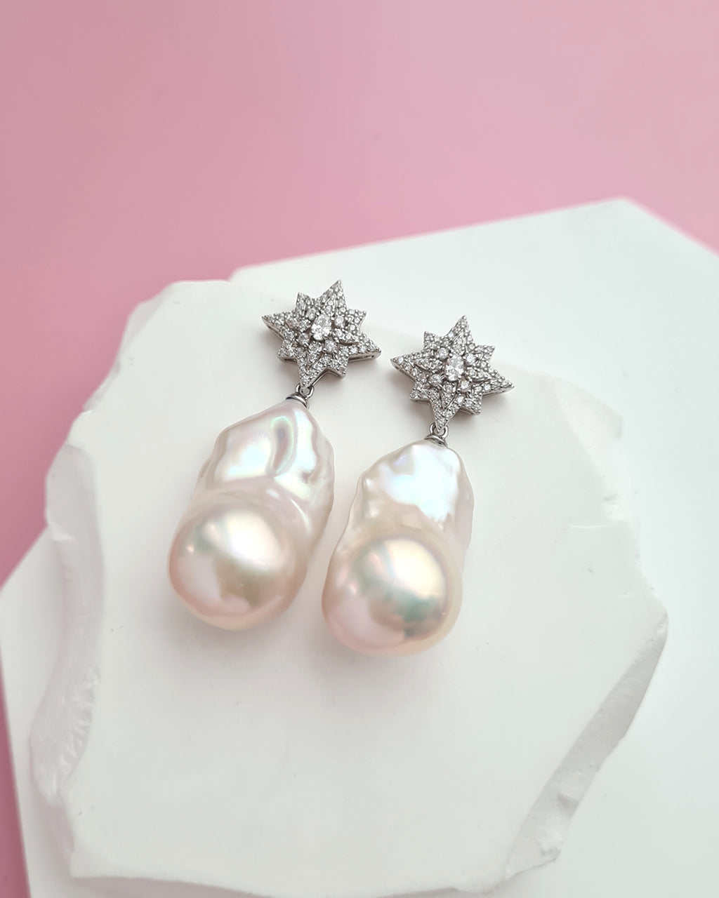 Large White Baroque Pearl Earrings - Star burst Earrings