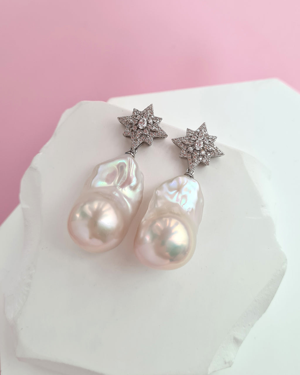 Large White Baroque Pearl Earrings - Star burst Earrings
