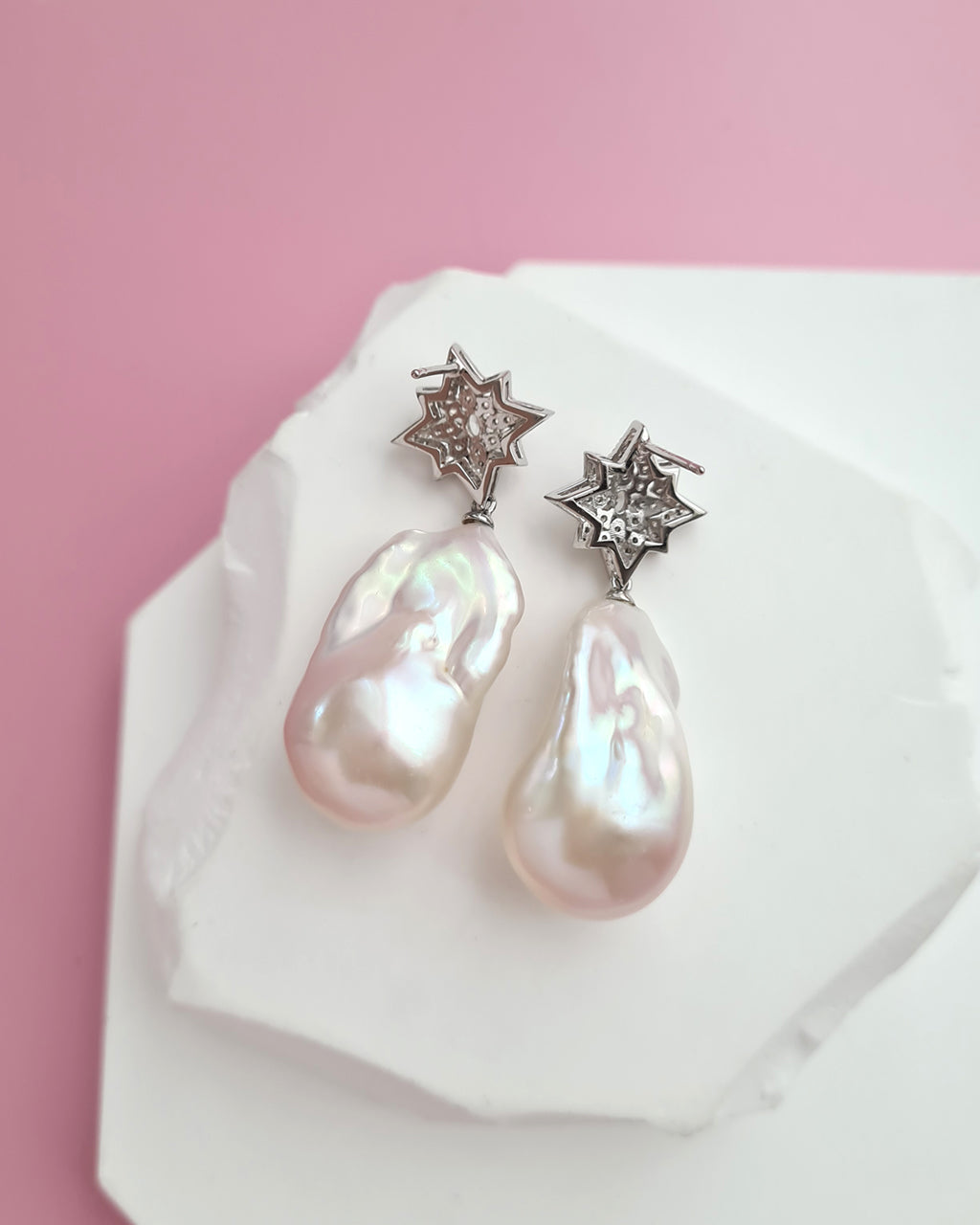 Large White Baroque Pearl Earrings - Star burst Earrings