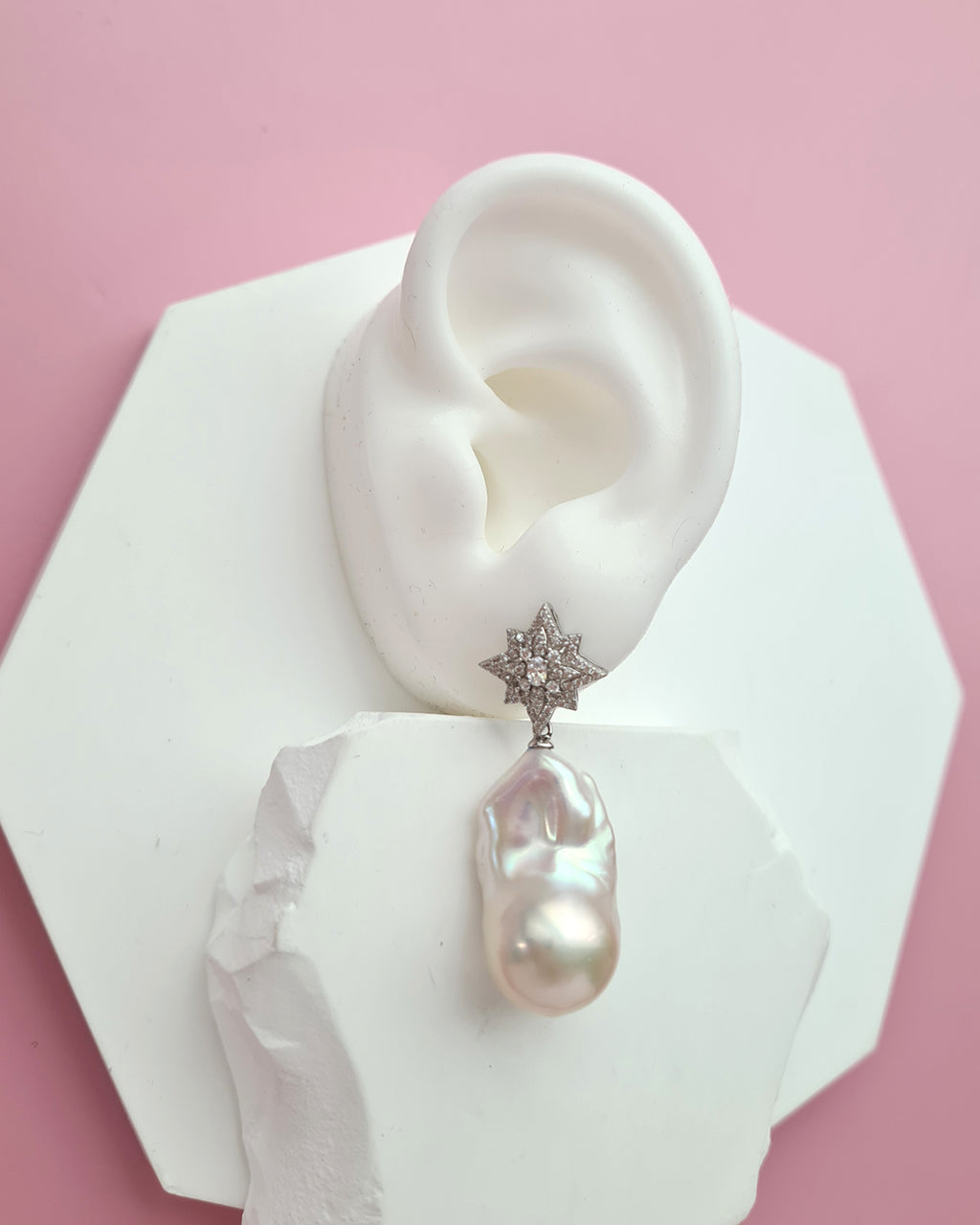 Large White Baroque Pearl Earrings - Star burst Earrings