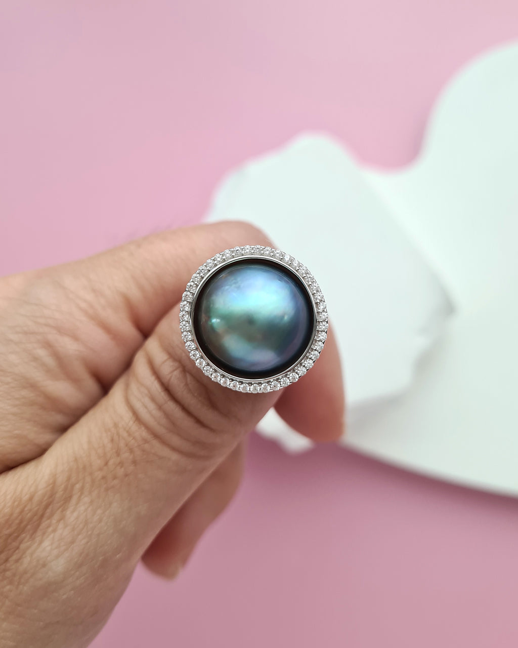 Blue Mabe Pearl Ring - 14mm+ Halo Cocktail Ring Sterling Silver Pearl Jewelry