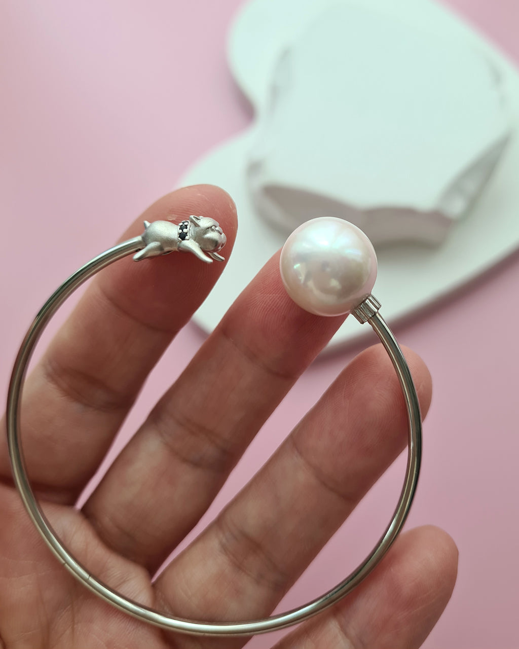 Cute Pug Bangle with Pearl Charm - 13mm+