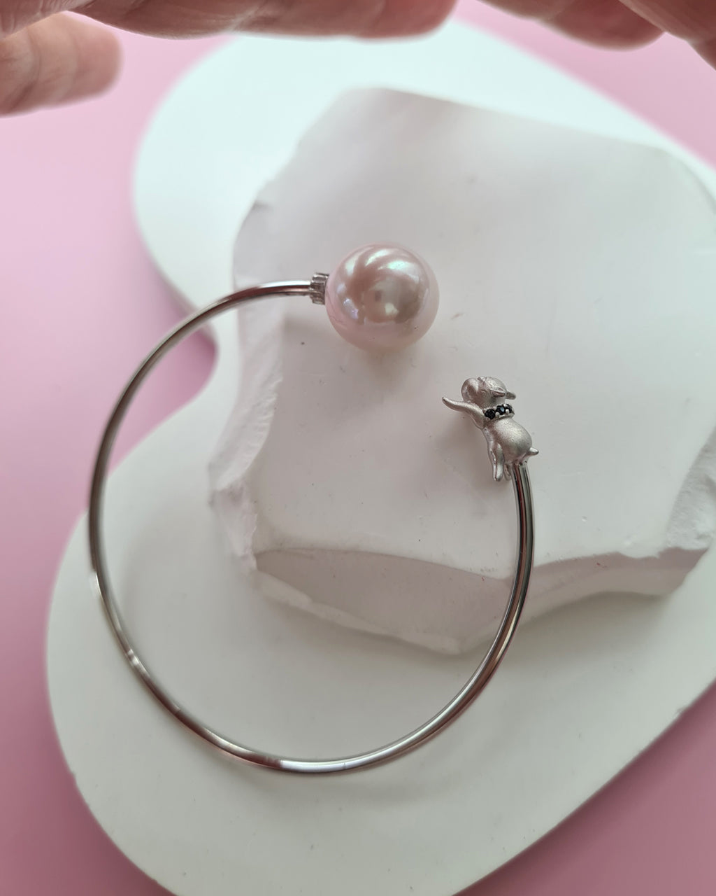 Cute Pug Bangle with Pearl Charm - 13mm+