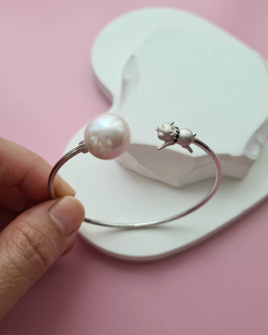 Cute Pug Bangle with Pearl Charm - 13mm+