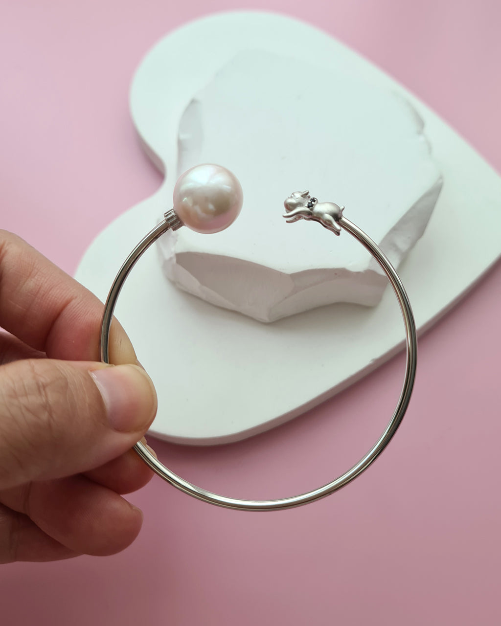 Cute Pug Bangle with Pearl Charm - 13mm+