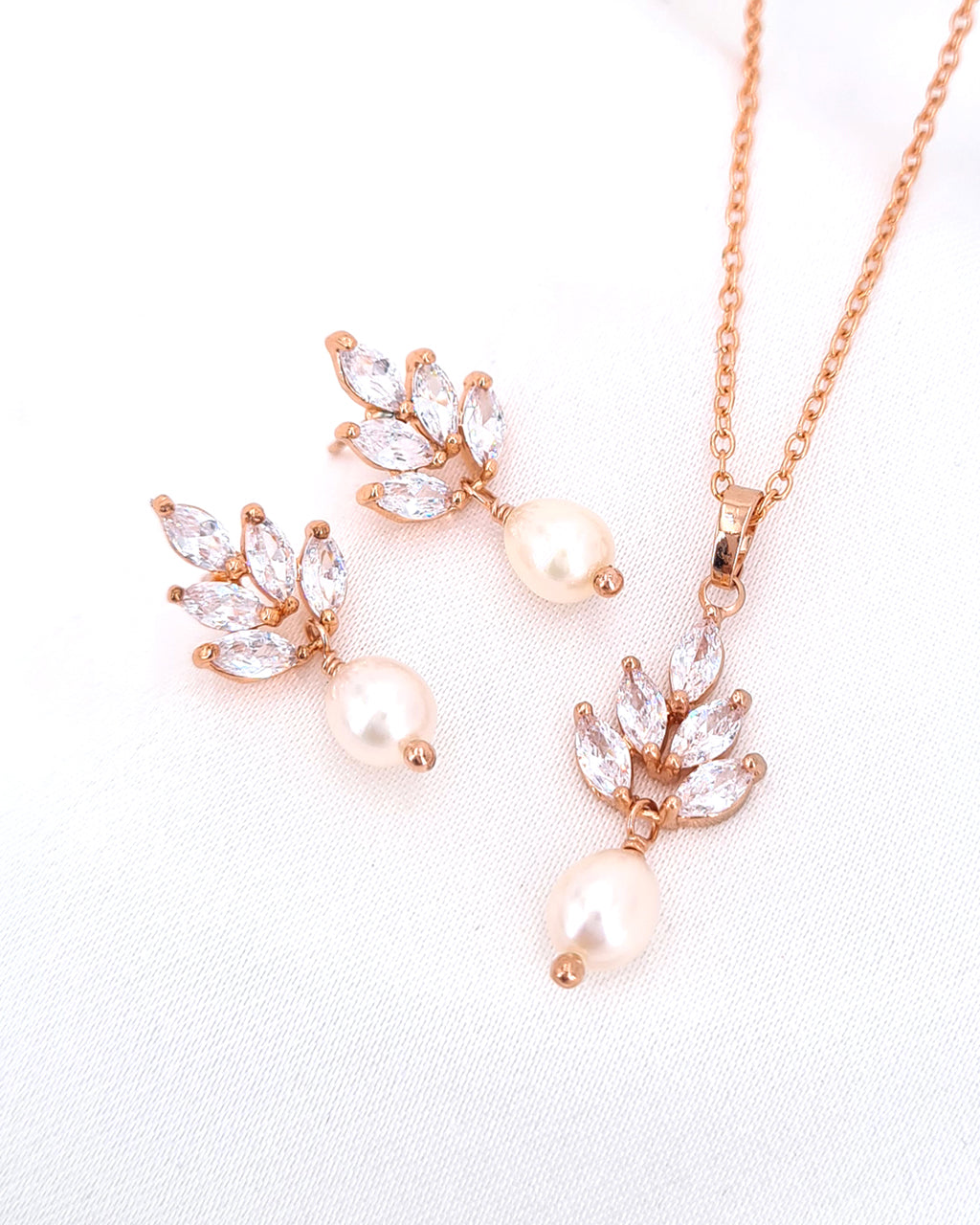 Rose Gold Dainty Freshwater Pearl Drop Earrings | Leaf Flower Design Earrings for Brides and Bridesmaids