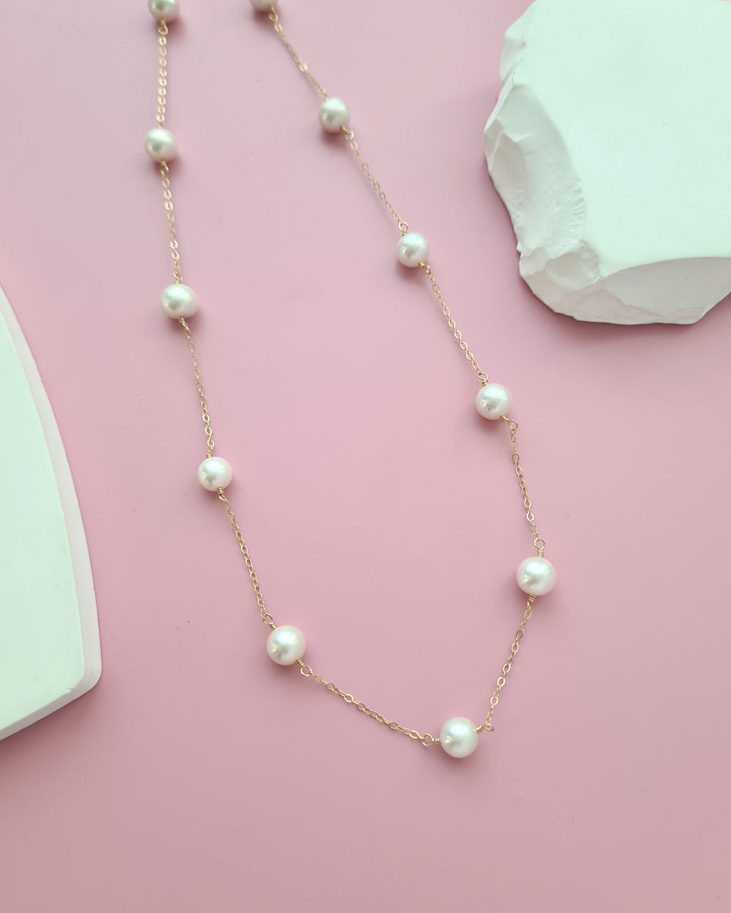 White Freshwater Pearl Floating Pearl Necklace 7mm to 8mm, Handmade Pearl Jewelry in Singapore