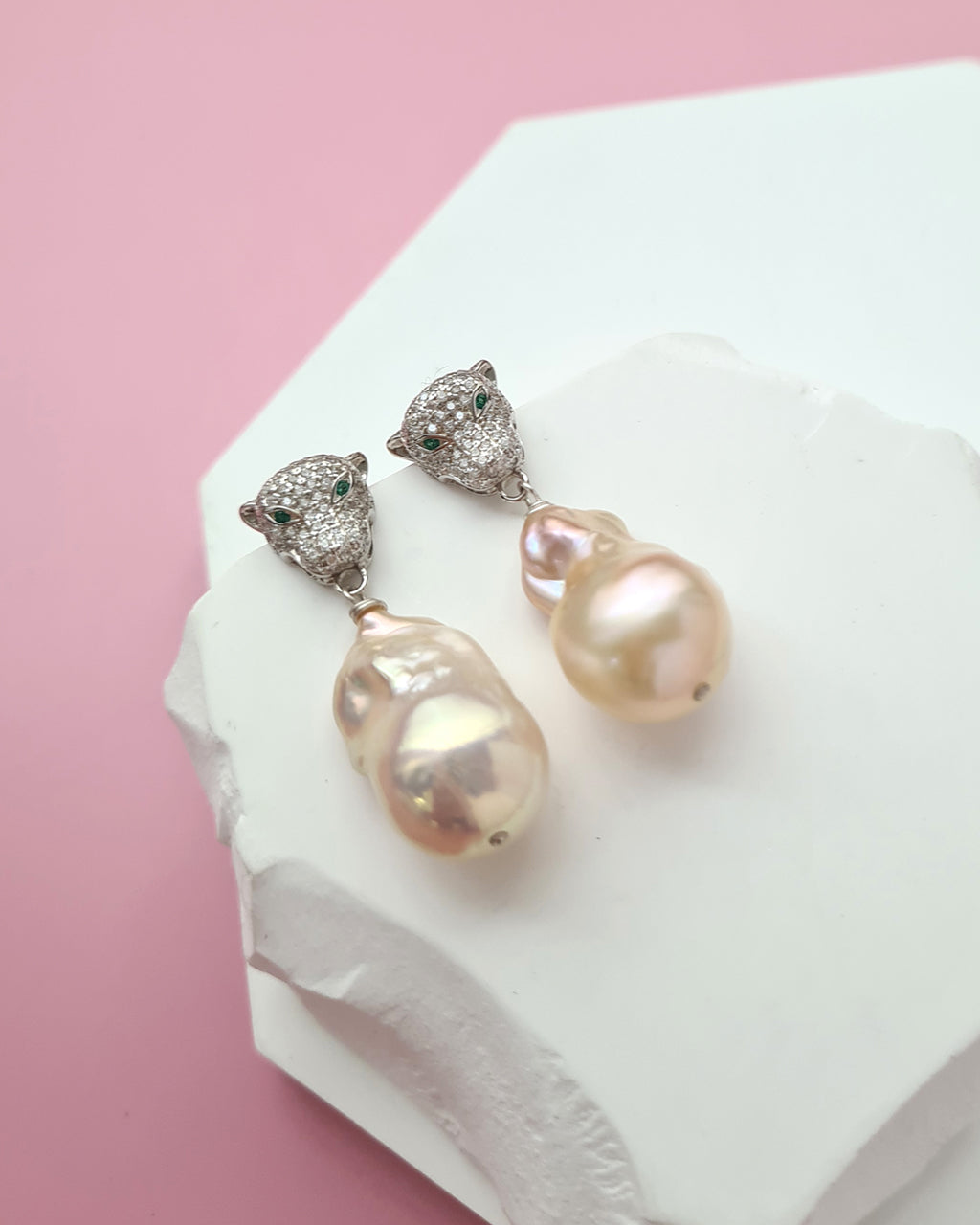 Metallic Peach Freshwater Baroque Pearls Panther Earrings