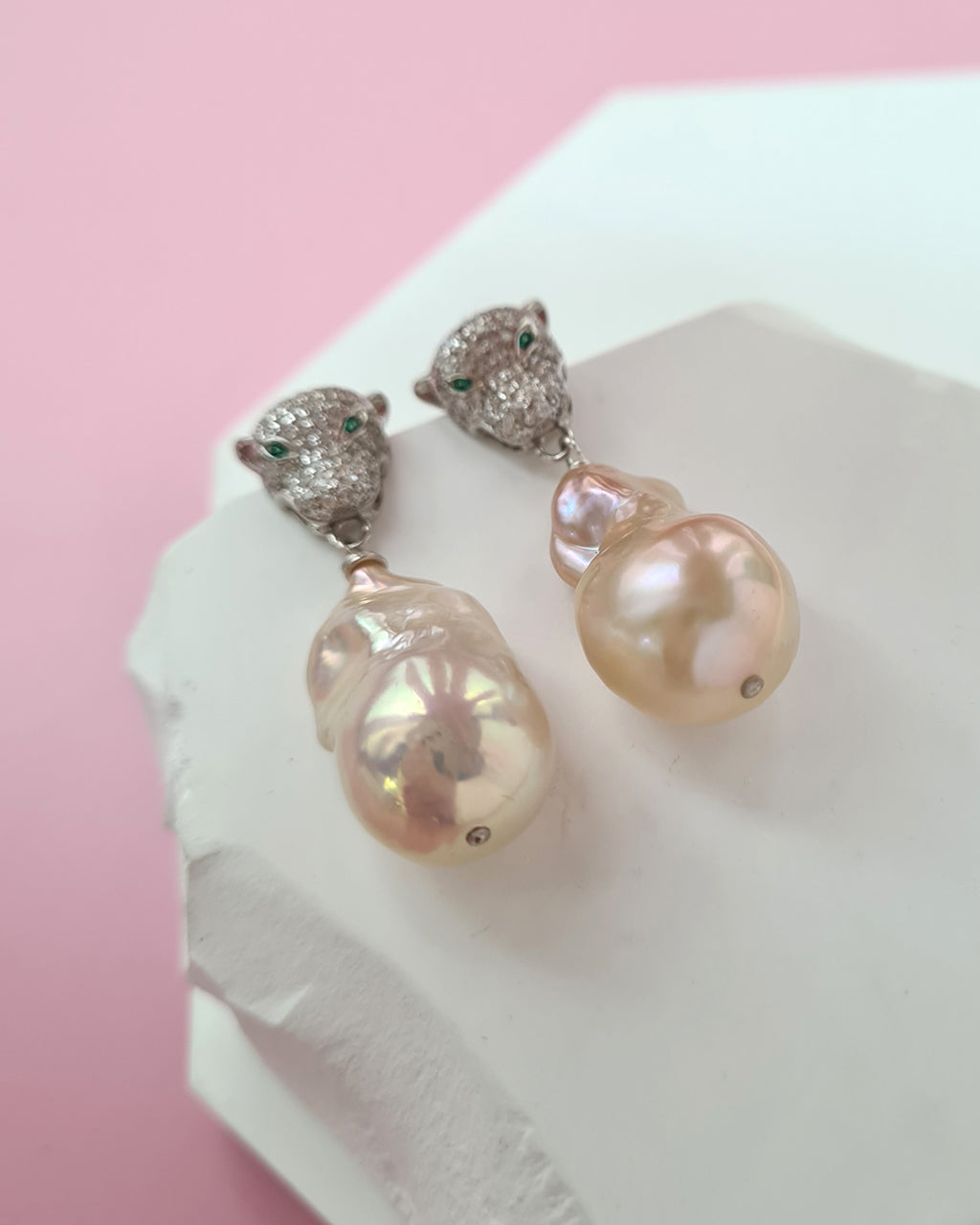 Metallic Peach Freshwater Baroque Pearls Panther Earrings