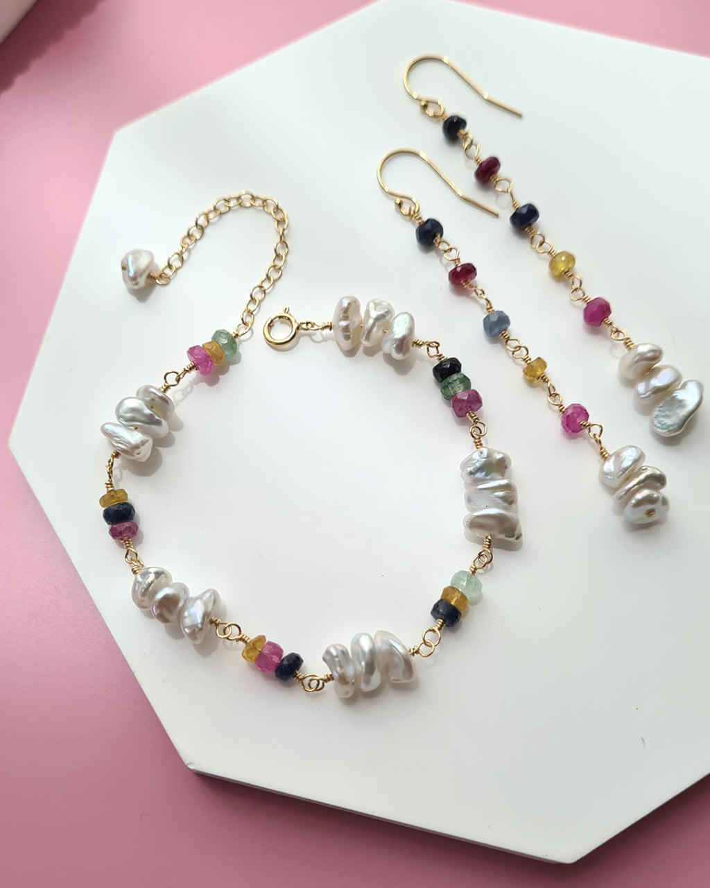 Freshwater Keshi Pearl Jewelry Set with Natural Gemstones Sapphire Emerald Ruby Handmade Pearl Jewelry in Singapore