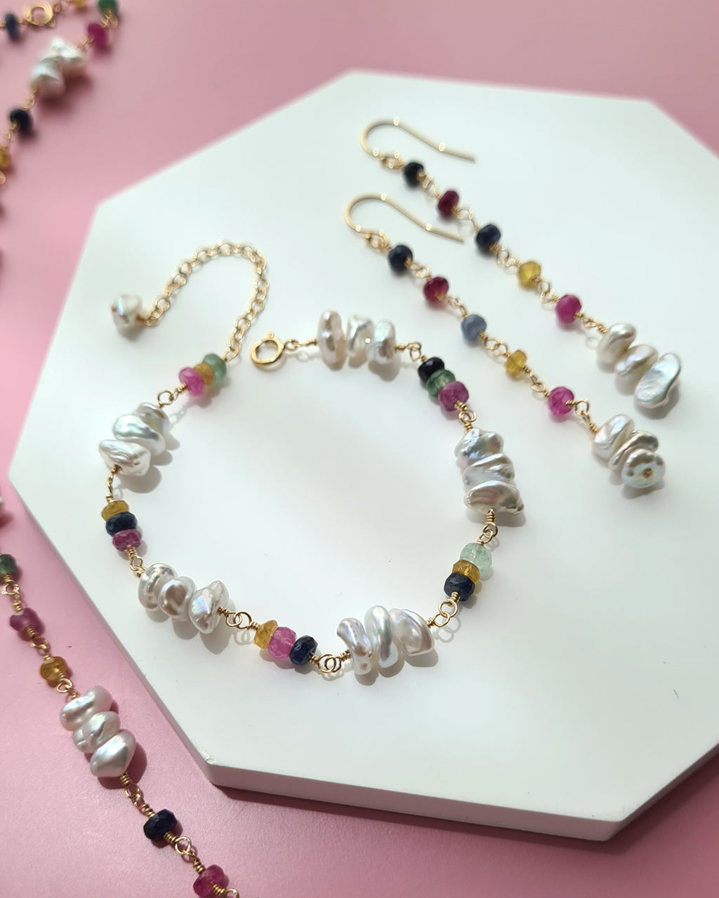 Freshwater Keshi Pearl Jewelry Set with Natural Gemstones Sapphire Emerald Ruby Handmade Pearl Jewelry in Singapore