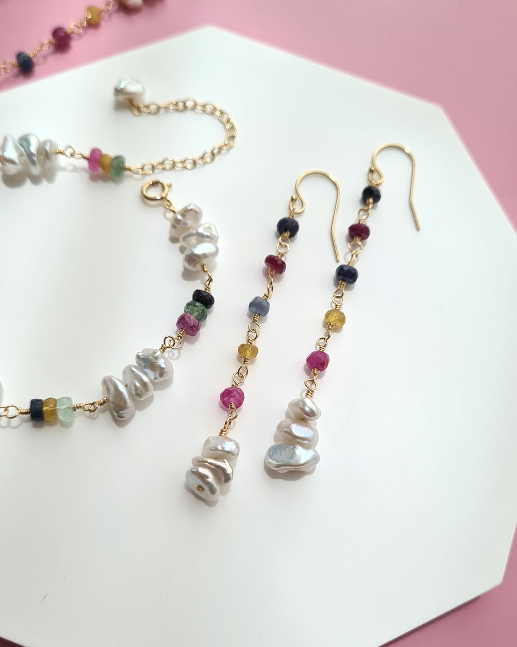 Freshwater Keshi Pearl Jewelry Set with Natural Gemstones Sapphire Emerald Ruby Handmade Pearl Jewelry in Singapore