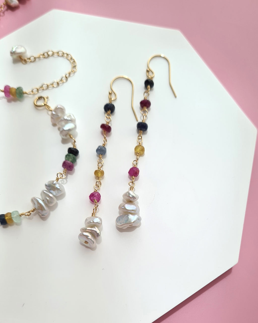 Freshwater Keshi Pearl Jewelry Set with Natural Gemstones Sapphire Emerald Ruby Handmade Pearl Jewelry in Singapore