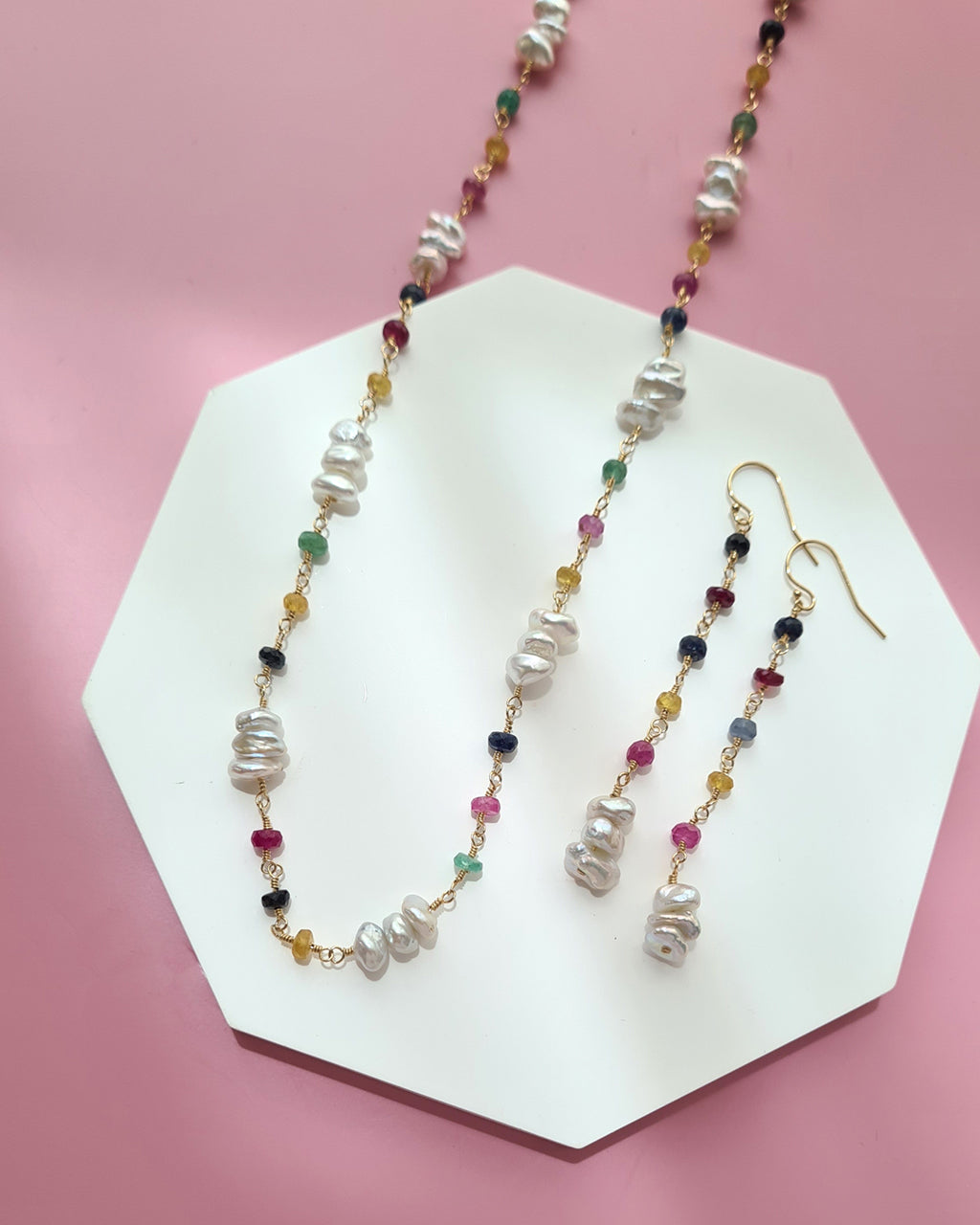 Freshwater Keshi Pearl Jewelry Set with Natural Gemstones Sapphire Emerald Ruby Handmade Pearl Jewelry in Singapore