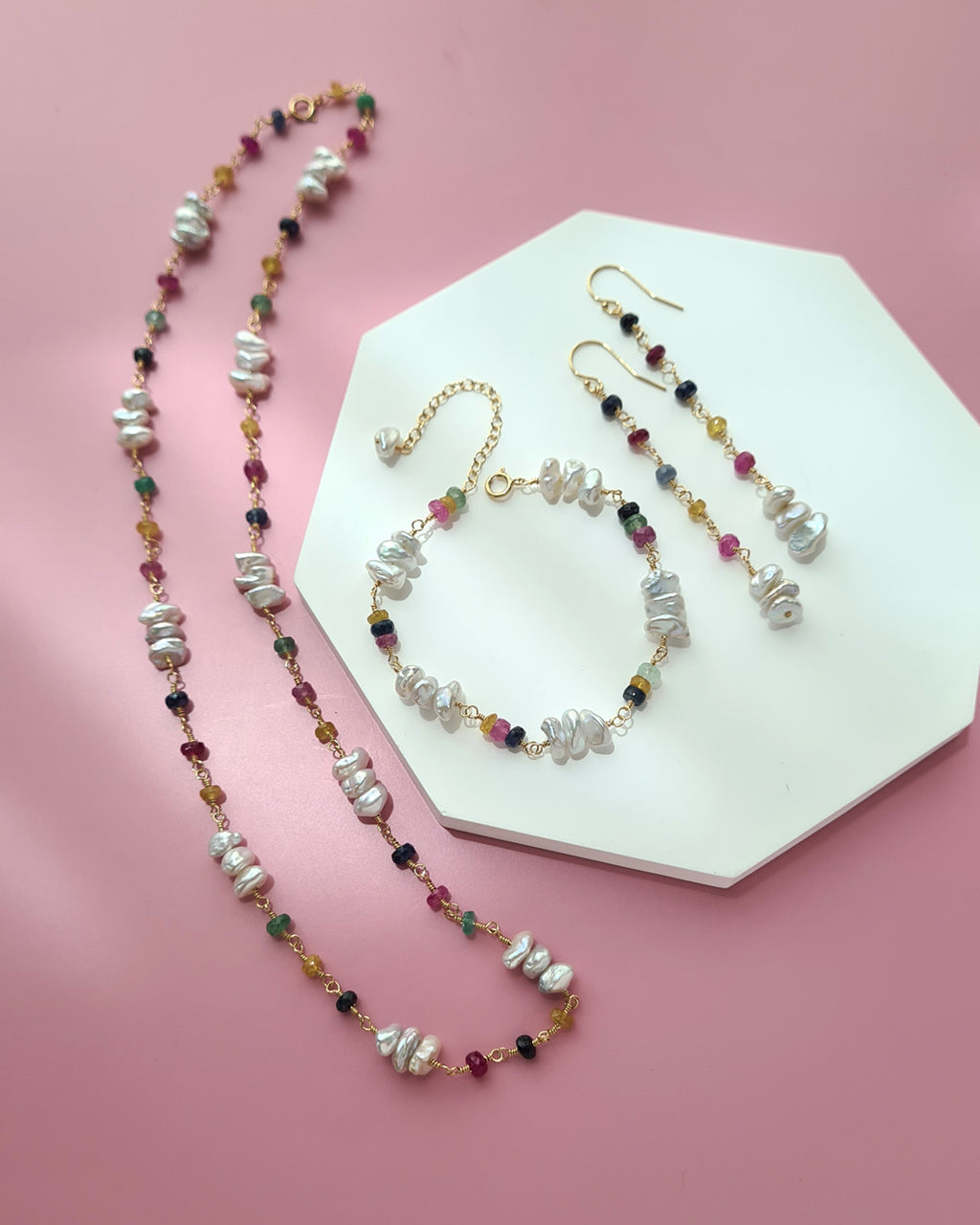 Freshwater Keshi Pearl Jewelry Set with Natural Gemstones Sapphire Emerald Ruby Handmade Pearl Jewelry in Singapore