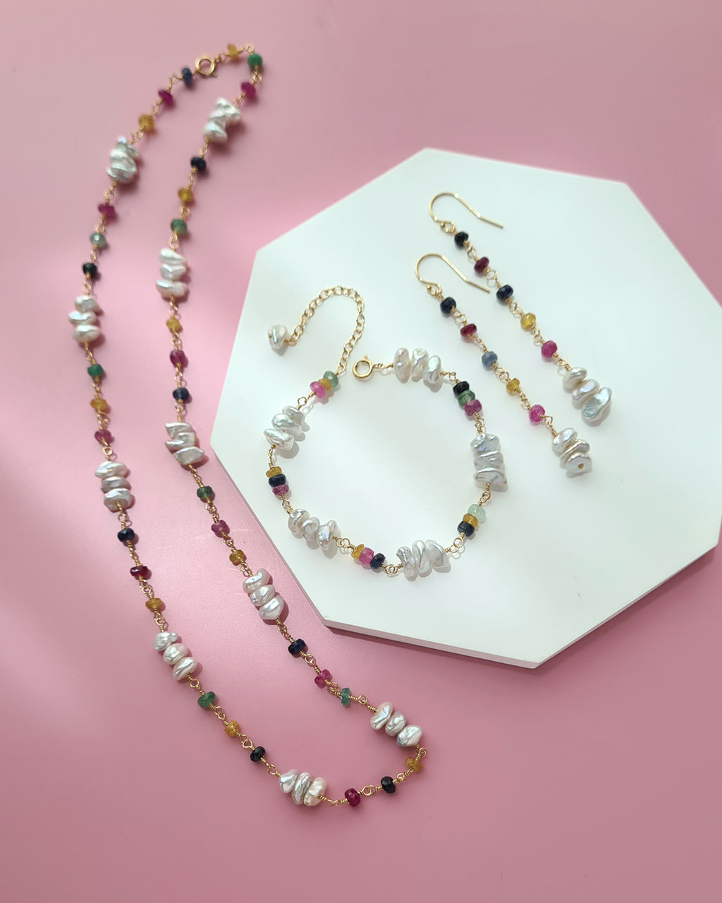 Freshwater Keshi Pearl Jewelry Set with Natural Gemstones Sapphire Emerald Ruby Handmade Pearl Jewelry in Singapore