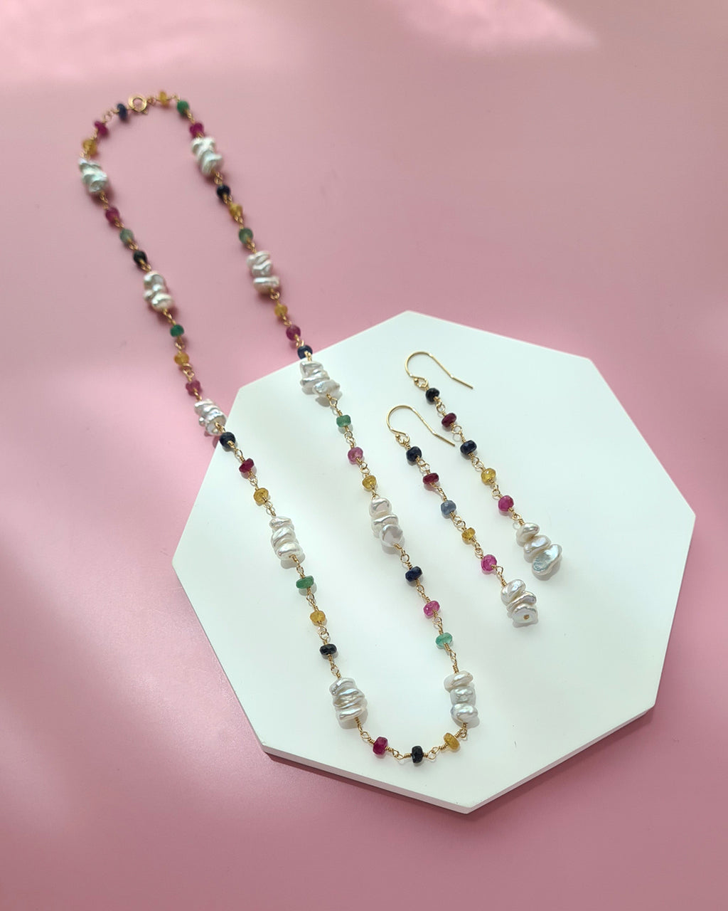 Freshwater Keshi Pearl Jewelry Set with Natural Gemstones Sapphire Emerald Ruby Handmade Pearl Jewelry in Singapore