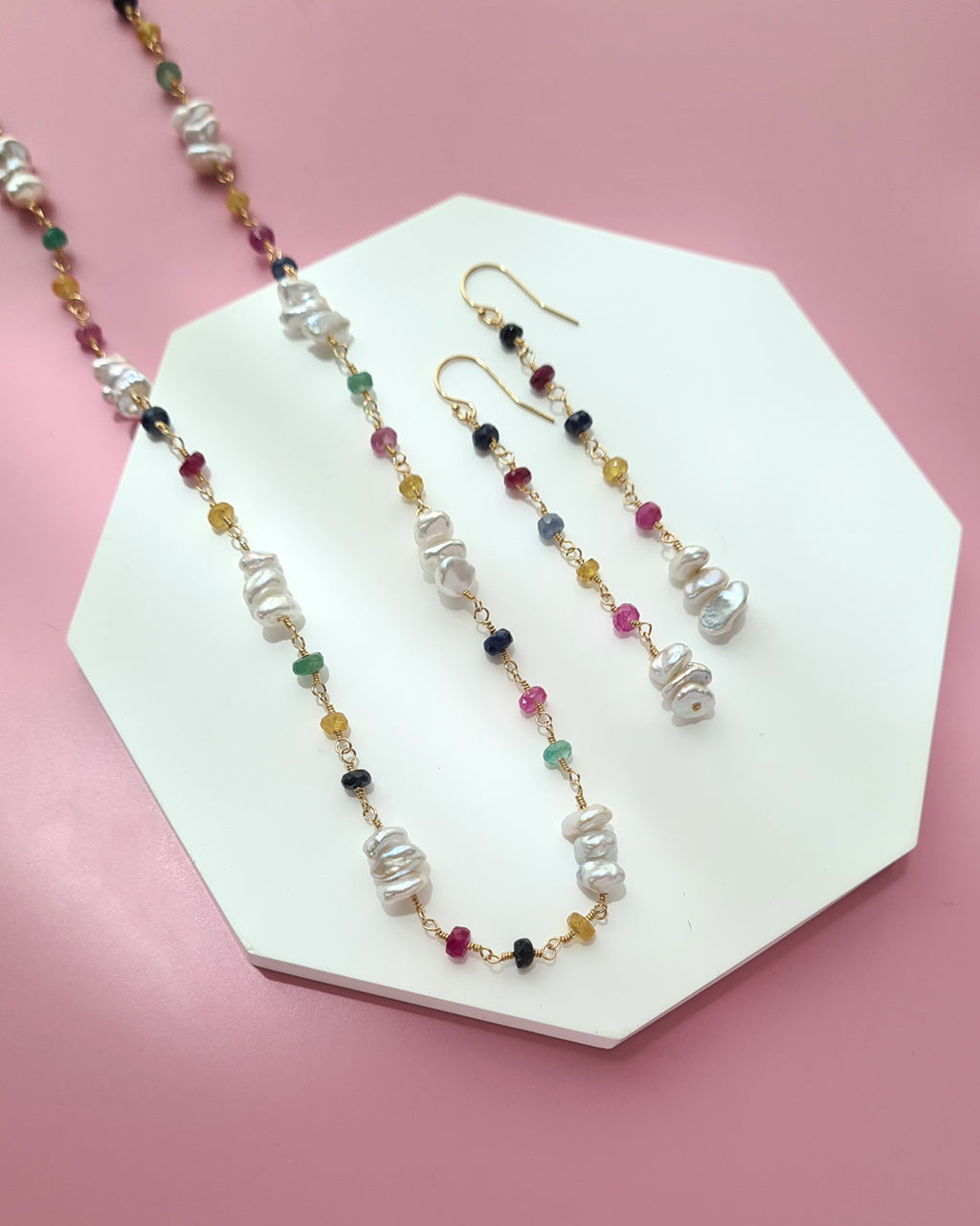Freshwater Keshi Pearl Jewelry Set with Natural Gemstones Sapphire Emerald Ruby Handmade Pearl Jewelry in Singapore