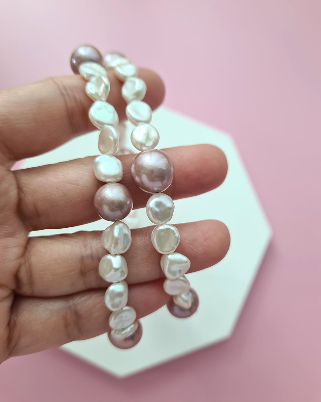 White Keshi Pearl Strand Necklace accented with Purple Edison Pearls, Handmade in Singapore