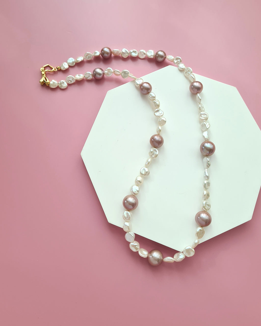 White Keshi Pearl Strand Necklace accented with Purple Edison Pearls, Handmade in Singapore