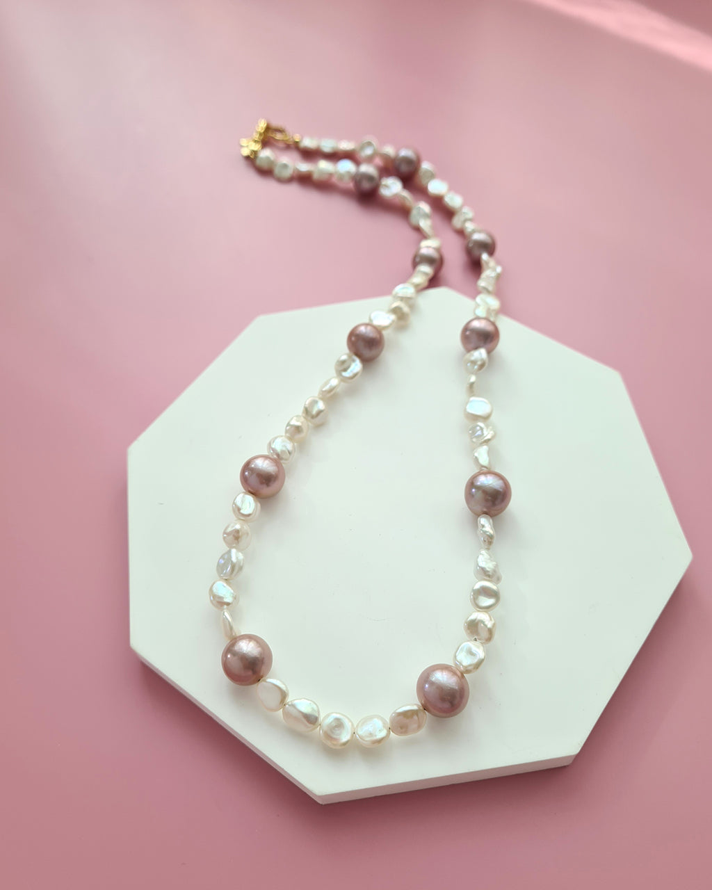 White Keshi Pearl Strand Necklace accented with Purple Edison Pearls, Handmade in Singapore