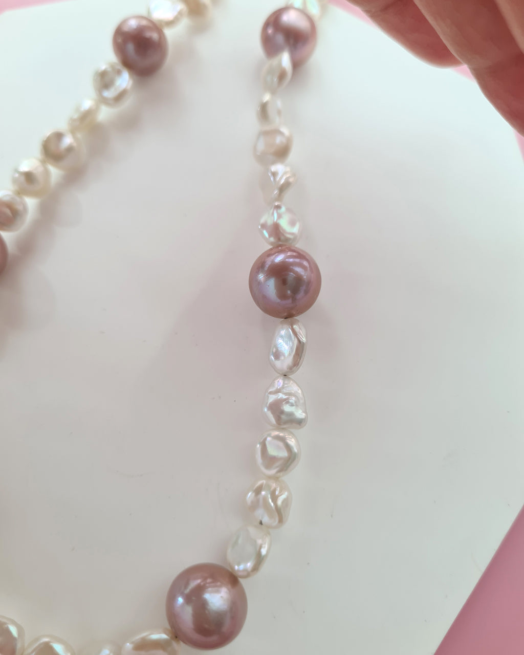 White Keshi Pearl Strand Necklace accented with Purple Edison Pearls, Handmade in Singapore