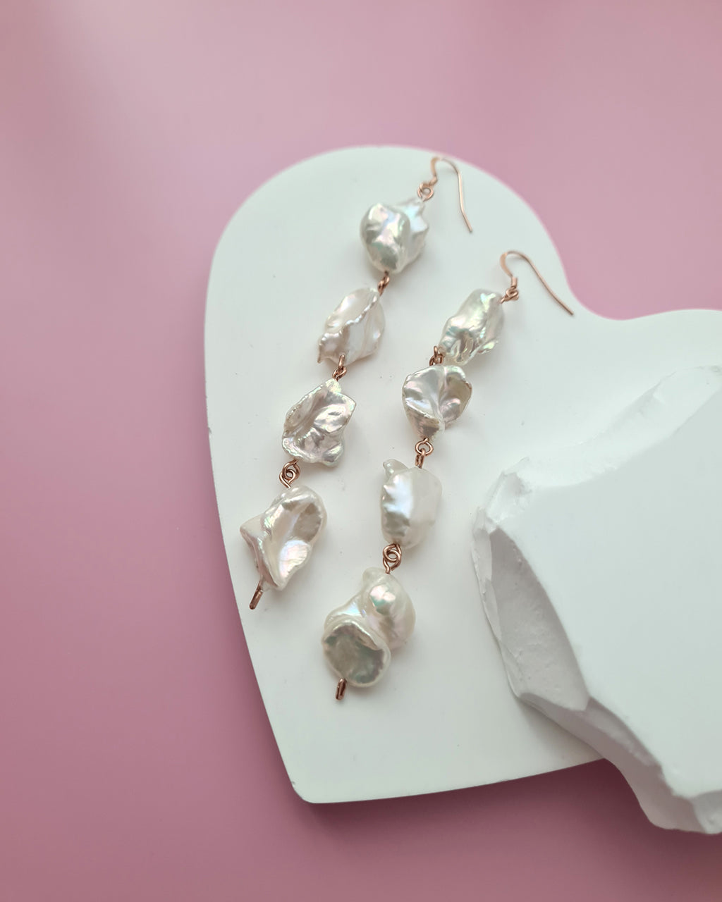 Metallic White Large Baroque Pearl Earrings - Statement in Rose Gold Filled Jewelry