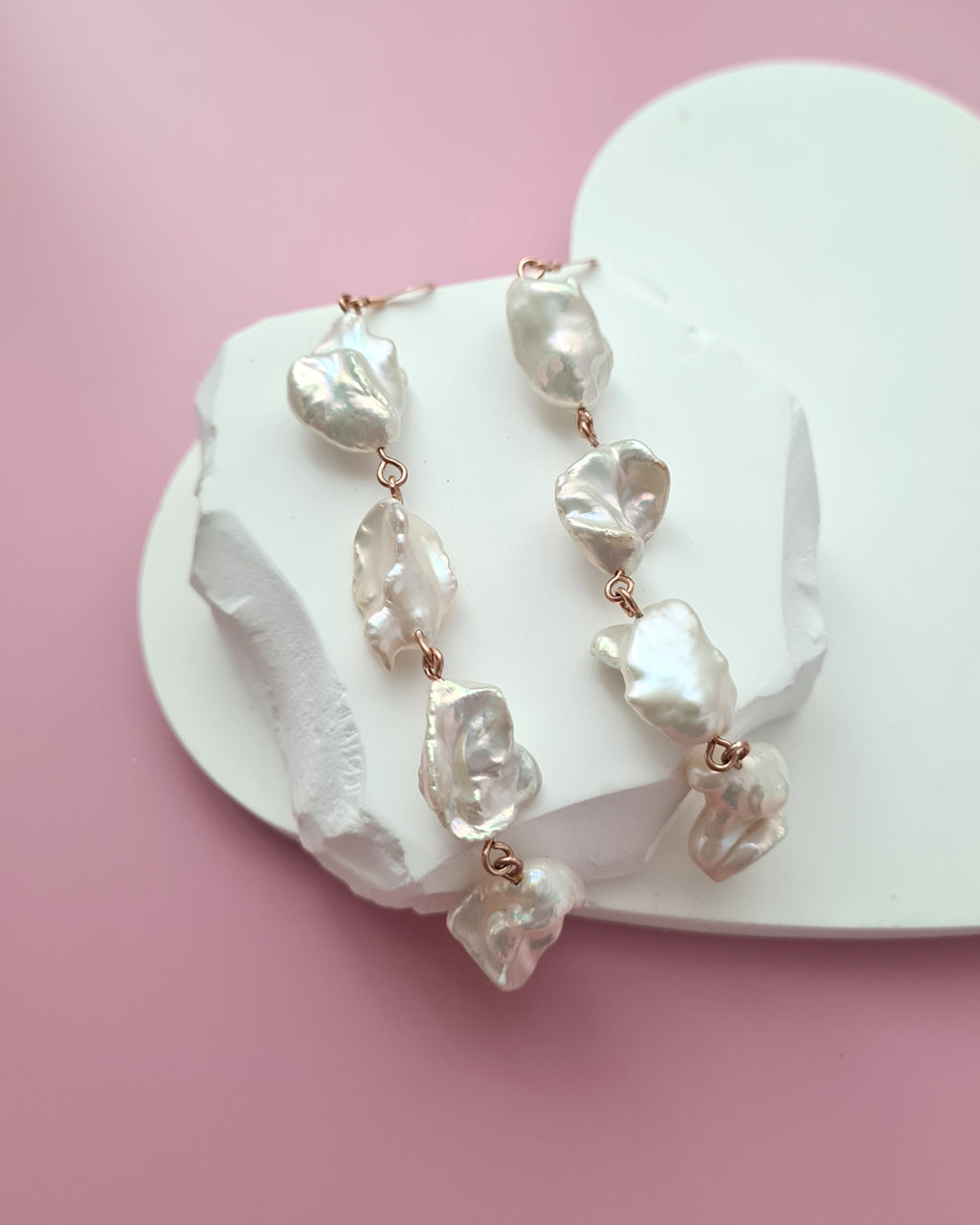 Metallic White Large Baroque Pearl Earrings - Statement in Rose Gold