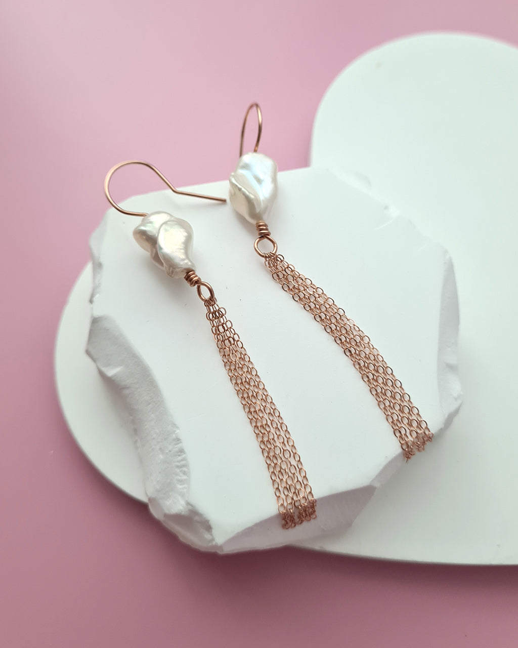 Metallic White Large Baroque Pearl Earrings - Minimalist in Rose Gold