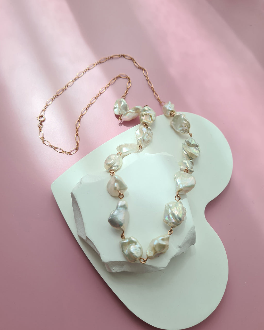 Metallic White Large Baroque Pearl Necklace - Rose Gold