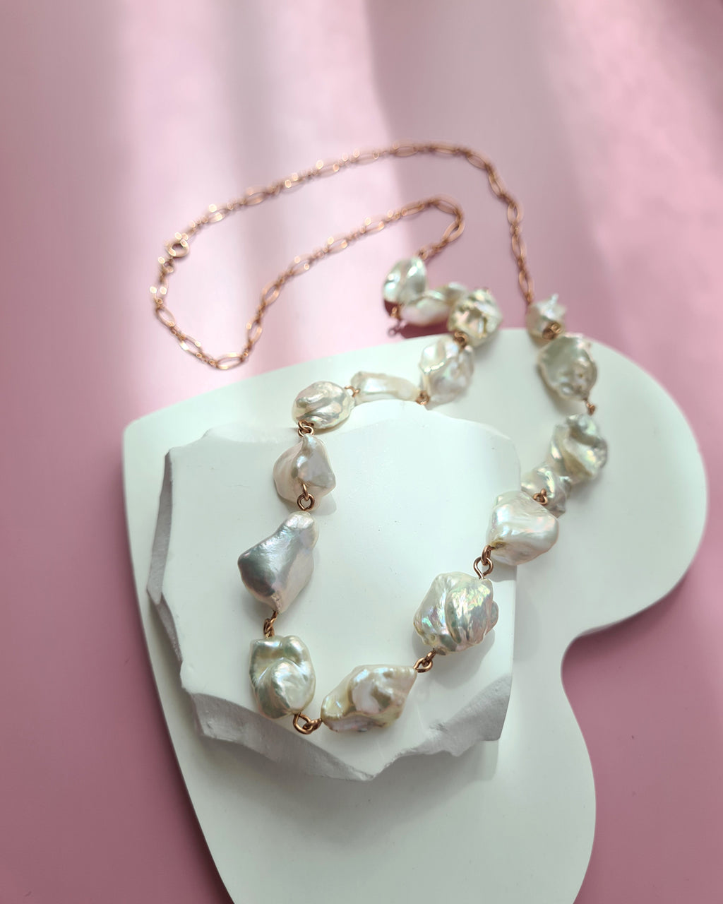 Metallic White Large Baroque Pearl Necklace - Rose Gold
